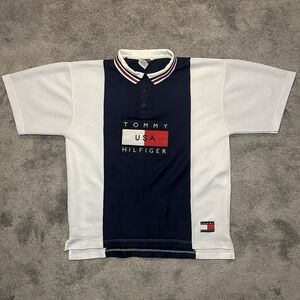 Vintage Tommy Hilfiger USA Mesh Polo Shirt XL Made in USA 90s Colorblock Navy